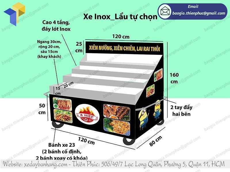 mẫu xe đẩy bán xiên que inox đẹp